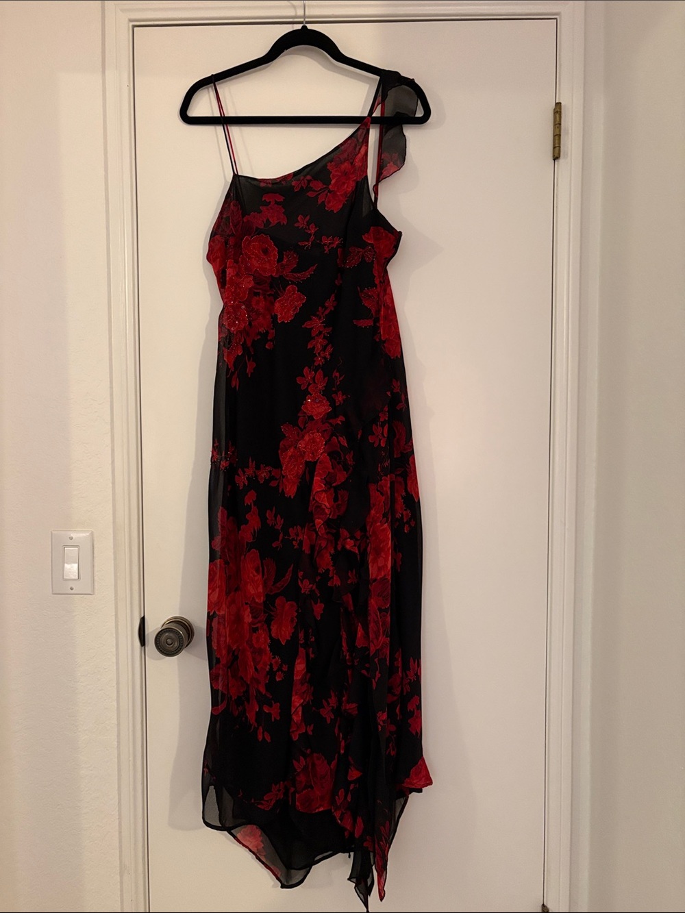 Black & Red Floral Asymmetric Slip Dress